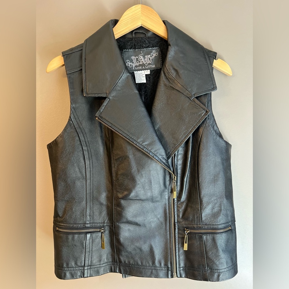 Black Leather Womens Vest Live a Little L 100% leather Zip